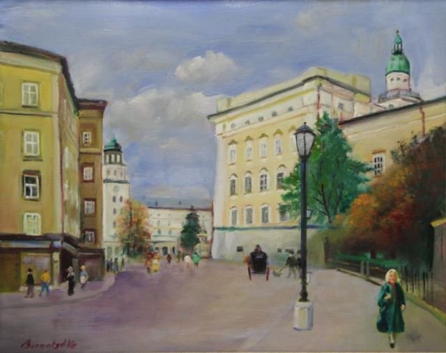 BERNATSCHKE, Rudolf. Oil on Canvas Street Scene.: Signed lower left. Rudolf Anton Bernatschke (Austrian/American, 1913). From a Mt. Vernon, NY storage location. Dimensions: 16" high x 20" wide. Condition: Good.