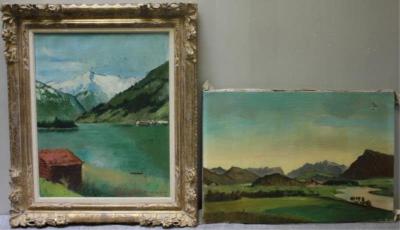 BERNATSCHKE, Rudolf. Two Oil on Canvas: Austrian Mountain Landscape Scenes. Framed scene signed and dated 53 lower right, titled "Kitzsteinhorn" verso, the other signed lower right. Rudolf Anton Bernatschke (Austrian / American, b. 1913). F