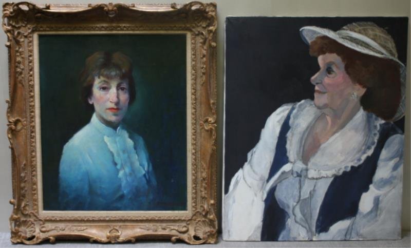 BERNATSCHKE, Rudolf. Two Oil on Canvas: Portraits of Women. Portrait of woman in white blouse signed lower right and dated 69. Portrait of woman in a hat unsigned. Rudolf Anton Bernatschke (Austrian / American, b. 1913). From a Mt Vernon, N