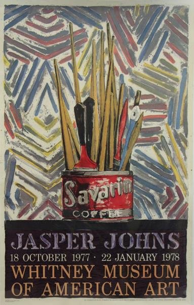 Jasper Johns Whitney Museum of American Art Poster: 1977. From a Mt Vernon, NY storage location. Dimensions: 33" high x 28 wide. Condition: Unframed, was stored rolled, light handling creases.
