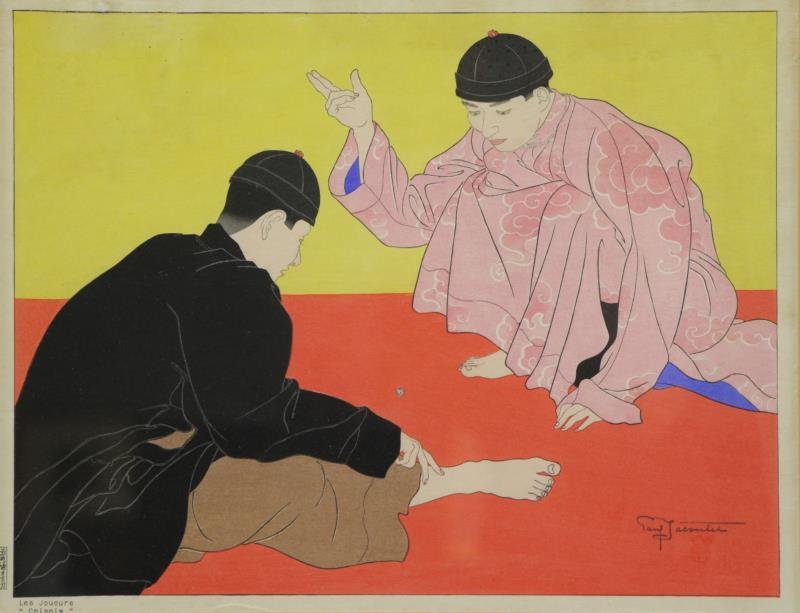 JACOULET, Paul. Color Woodblock Print "Les Joueurs: "Chinois"" (The Chinese Gamblers). Pencil signed and stamped lower right, titled lower left tin margin. Paul Jacoulet (French, 1896–1960). From a New York City collector. Dimensions: Image - 11.75" 