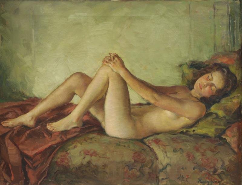 HEMPFING, Wilhelm. Oil on Canvas. Reclining Nude.: Signed lower right. Wilhelm Hempfing (German, 1886-1948). From a Larchmont, NY home. Dimensions: 20" high x 26" wide. Condition: Craquelure and stretcher marks, a few small scratches lower left.
