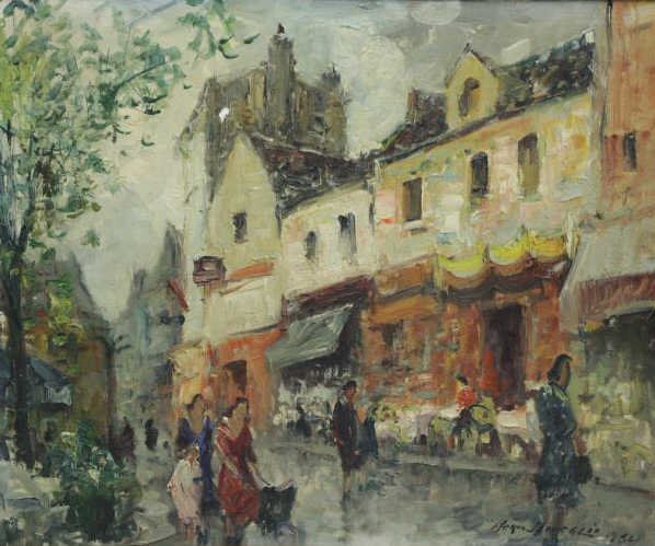 AMEGLIO, Merio. Oil on Canvas. 1952 Street Scene.: Signed and dated lower right. Merio Ameglio (Italian, 1897-1970). From a Long Island, NY estate. Dimensions: 18" high x 22" wide. Condition: Good, loss upper center.
