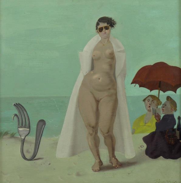 SHARRER, Honore D. Oil on Board. "Leda and the: Fork". Signed lower right. Forum Gallery, New York label and hand written label verso. Honore Desmond Sharrer (American, 1920 - 2009). From a Harrison, NY estate. Dimensions: 18.75" high x 18.75" wide