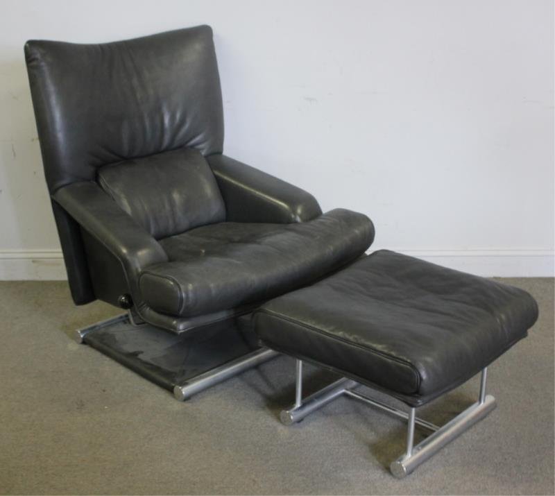 Modern Rolf Benz Leather Lounge Chair and Ottoman.: Labeled with Rolf Benz designer label and Cy Mann label to underside. From an E. 66th St., NYC estate. Dimensions: Chair - 34" w x 26" d x 40" h. Condition: Good.
