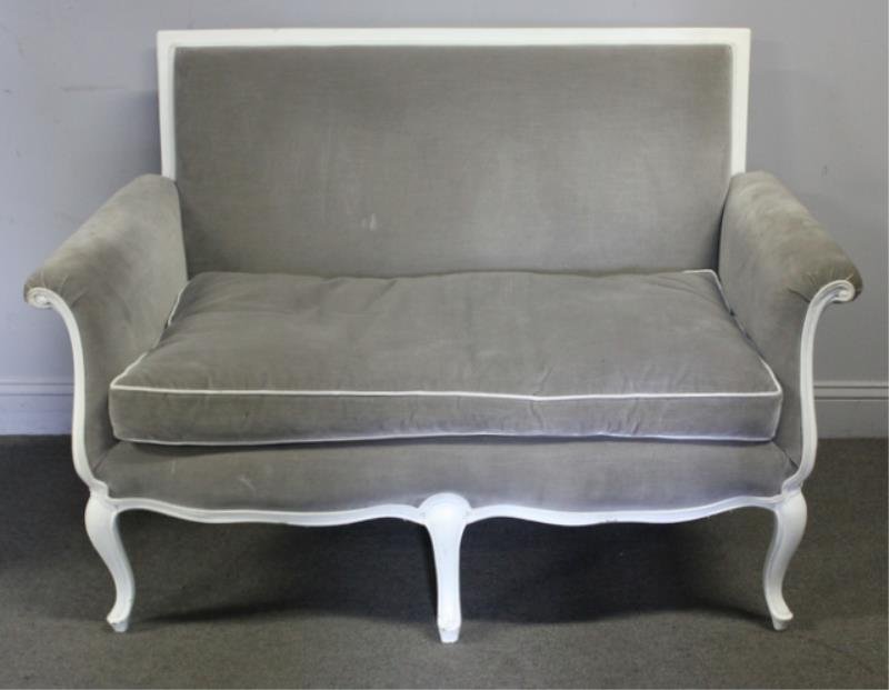 White Lacquered Settee with Gray Upholstery. (1 of 5)