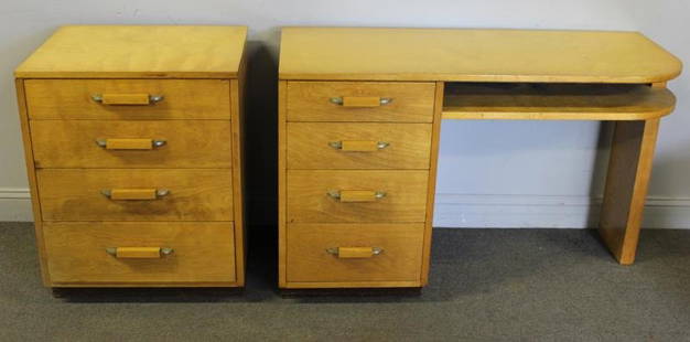 Midcentury Eliel Saarinen for Johnson Furniture Co: Desk and Cabinet. John Stuart Label to drawer interior; Johnson Furniture Co. brand to reverse. From a Long Island, NY estate. Dimensions: 48" w x 20" d x 30" h; Desk - 24" w x 20" d x 30" h. Conditio