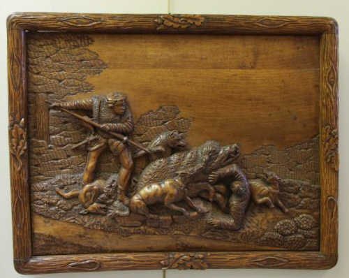 Signed Black Forest Style Carved Wood Relief. (1 of 4)