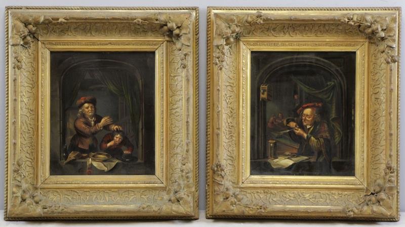 Pair of 19th C. Oil on Tin Genre Scenes.: Both apparently unsigned. From a White Plains, NY home. Dimensions: 10" high x 8.5" wide each. Condition: Surface dust and minor areas of frame abrasion visible.