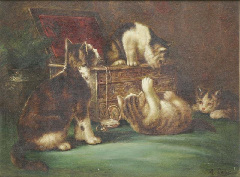 LAUX, August. Oil on Canvas. Cats in a Jewelry Box: Signed lower right. August Laux (German, 1847 - 1921). From a Briarcliff Manor, NY estate. Dimensions: 12" high x 16" wide. Condition: Good, surface dust.