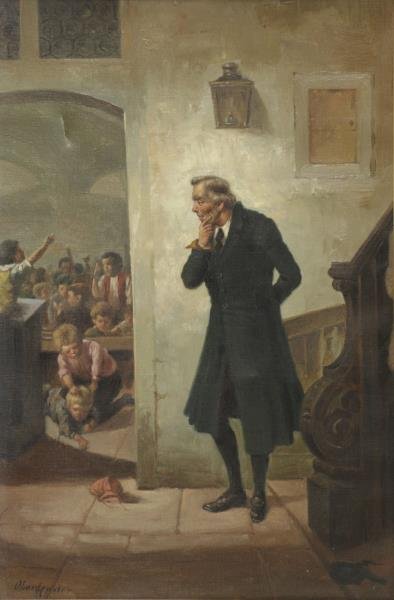 OBERLANDER, Adolf. Oil on Canvas. School Master: Peering into Classroom. Signed lower left. Adolf Oberlander (German, 1845 - 1923). From a White Plains, NY home. Dimensions: 18" high x 12" wide. Condition: 1" vertical tear upper left and two small p