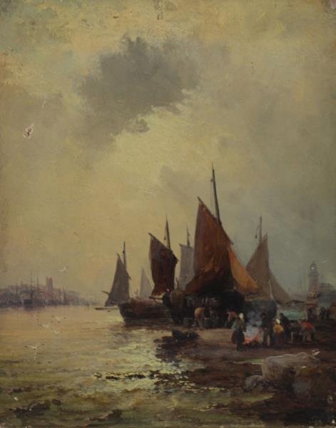 THORNLEY, William. Oil on Wood Panel. Fishing: Boats on the Shore. Signed lower left. William Thornley (British, act.1858/61-1898). From a Briar Cliff Manor, NY estate. Dimensions: 10" high x 8" wide. Condition: Unframed. Small nick with loss uppe