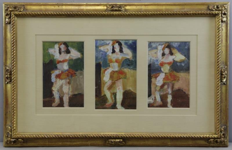 KUHN, Walt. Oil on Paper. Three Studies of Dancers: Framed as a triptych. Two of three are signed lower right. Walt Kuhn (American, 1877 - 1949). From a Scarsdale, NY collector. Dimensions: Two are 9" high x 5.75" wide, center is 10" high x 6" wide. Co