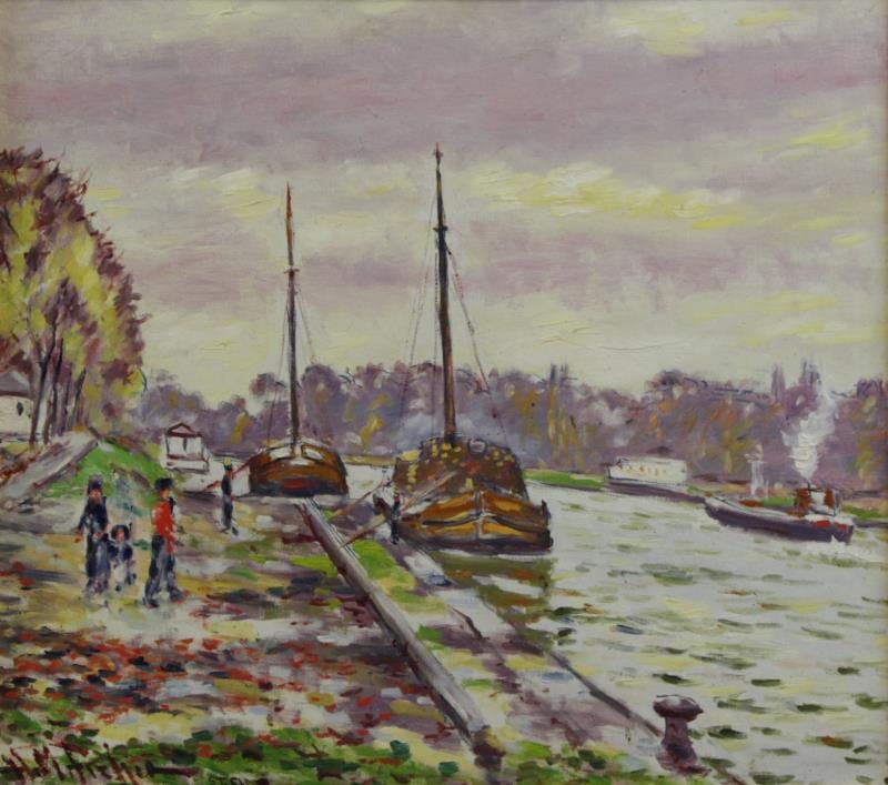 FISHER, Hugo M. Oil on Canvas. "St. Cloud".: Signed and inscribed lower left. Hugo Melville Fisher (American, 1878 - 1946). From a Manhattan, NYC estate. Dimensions: 25" high x 28" wide. Condition: Good, some small scattered spots of surface soi