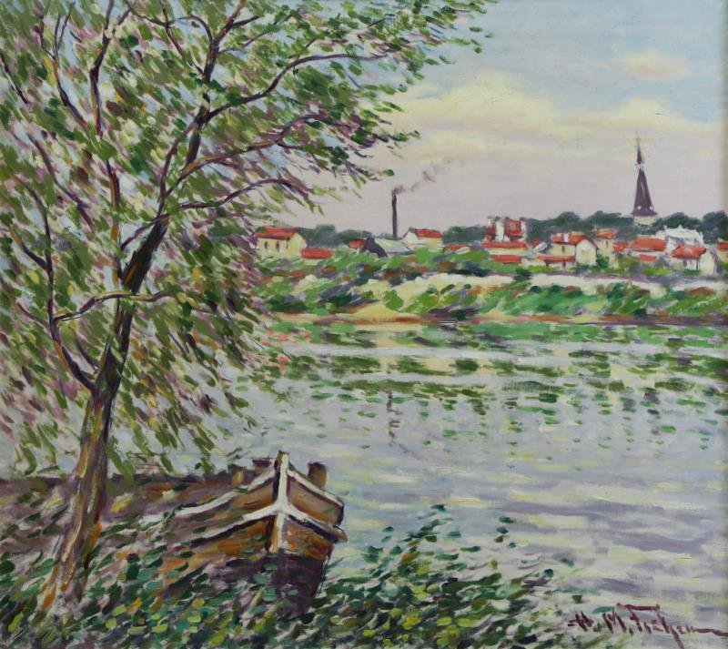 FISHER, Hugo M. Oil on Canvas. River Village.: Signed lower right. Hugo Melville Fisher (American, 1878 - 1946). From a Manhattan, NYC estate. Dimensions: 26" high x 29" wide. Condition: Good.