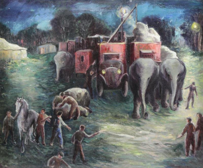 GRISWOLD, Vermandel. Oil on Canvas. Circus Scene.: Signed lower right. Vermadel Griswold (American, 20th C.) From a Scarsdale, NY collector. Dimensions: 25" high x 30" wide Condition: A few small losses upper center.