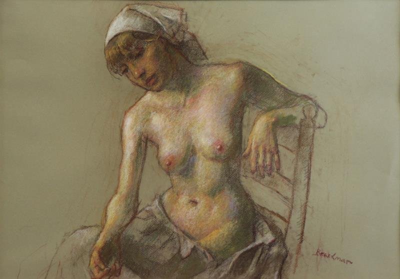 BRACKMAN, Robert. Pastel on Paper. Seated Nude.: Signed lower right. Robert Brackman (American/Russian, 1898 –1980). From a Tarrytown, NY estate. Dimensions: Sight - 15.75" high x 22.75" wide. Condition: Good, framed behind glass, not examined out