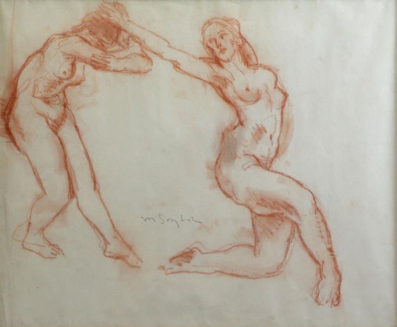 SOYER, Moses. Sanguine on Paper. Dancing Nude: Study. Signed lower center. Moses Soyer (American, 1899–1974). From a Tarrytown, NY estate. Dimensions: Sight - 18" high x 22" wide. Condition: Overall good condition with some light handling crease