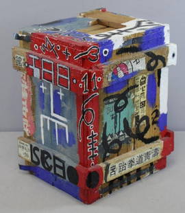 ABDELL, Douglas. Untitled 1983 Mixed Media: Sculpture. Polychrome, metal and paper collage on wood. Signed and dated on underside. Douglas Abdell (American, b. 1947). From a Manhattan, NYC estate. Dimensions: 17" high x 13.5" wide x 11.5" deep.