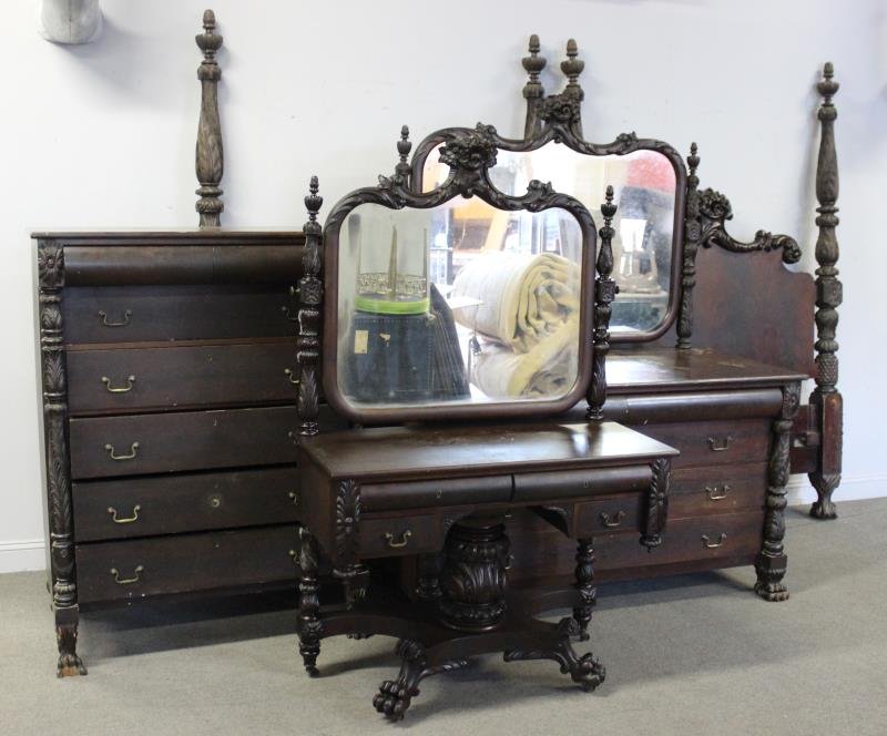 Impressive Acanthus Carved Mahogany Bedroom Set .: A magnificent and rare to find so many pieces bedroom suite consisting of #1 a 4 poster bed #2 a mirrored vanity on pedestal base , 43"W x 20"D x 70"H #3 a high chest . 44"W x 25"D x 57"H # 4 a low ch