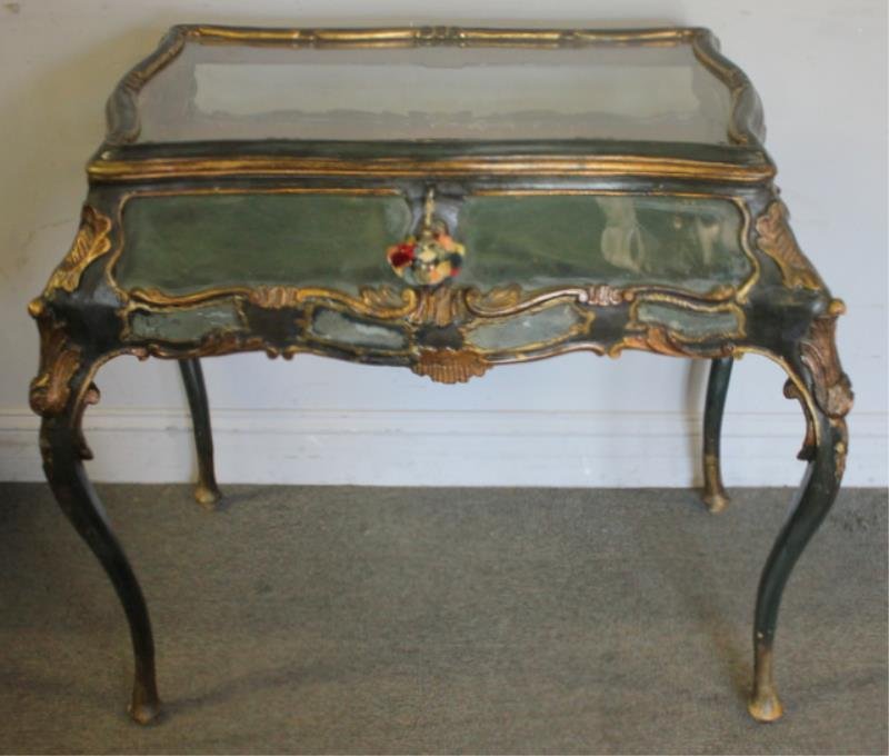 Antique Venetian Style Vitrine with Paint: Decoration and Mirrored Trim. From a 110th Street, NYC estate. Dimensions: 35" w x 25" d x 31" h. Condition: Good antique condition, 4 mirror panels with cracks.