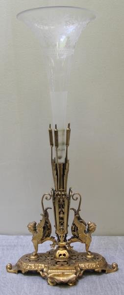 Bronze and Crystal Epergne.: From a Rye Brook, NY estate. Dimensions: base - 9.75" w x 6.875" d x 12.5" h; crystal insert - 6.375" diameter x 12.5" h.