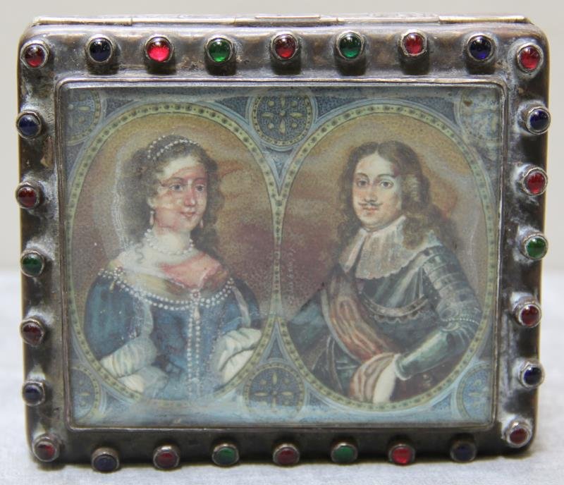 SILVER. Antique Continental .930 Silver Decorative: Box. With floral and ribbon design to edges of box, and gilded interior. Inlaid red, green, and blue cabochons to top and central handpainted portrait miniature of a lady and gentlemen - possibly on b
