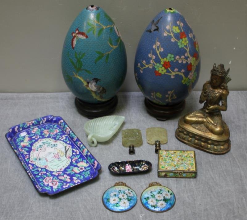 Asian Enamel, Metal and Jade Lot.: Including 2 enameled egg forms (12" h with stands), an enameled tray (10.5" x 6.25"), an enamel box, 2 enamel decorative plaques, 2 jade finials, a jade leaf bowl and a gilt metal Bodhisattva (7.5" h)