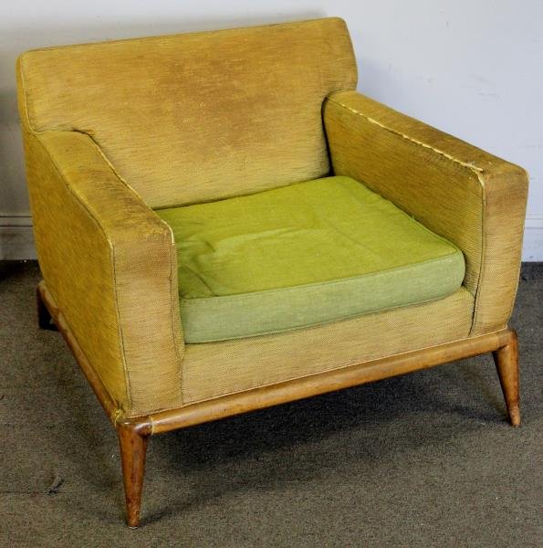 Midcentury Robsjohn-Gibbings Lounge Chair.: Reupholster's tag. Unmarked otherwise. Low lounge chair in vintage fabric. Cushion has cover. From a Queens, NY estate. Condition: Old repair to front leg at joint (residue). Fabric as is with signifi