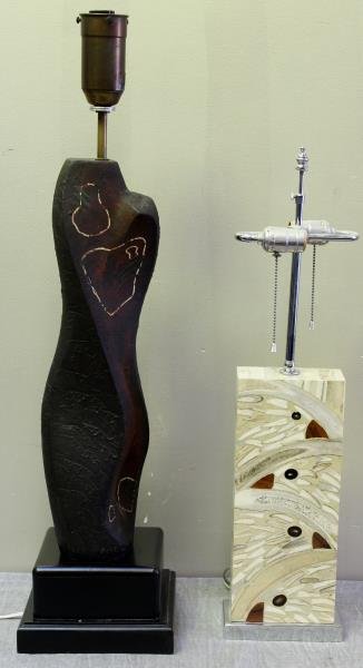 Midcentury Sculptural Lamp Lot.: Includes a signed abstract ceramic lamp by Arpad Rosti. Together with Maitland Smith style inlaid bone lamp. From a Long Island, NY estate. Dimensions: Rosti - 20" h; Bone - 14" h. Condition: Good.