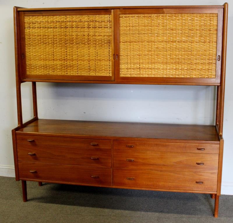 Midcentury Hans Wegner for Ry Mobler Cabinet.: Woven front sliding door hutch over cabinet with drawers. Apparently unmarked with buyers tag to reverse. Danish control button to drawer interior. From a Bronxville, NY estate. Dimensions: 71" w x 20