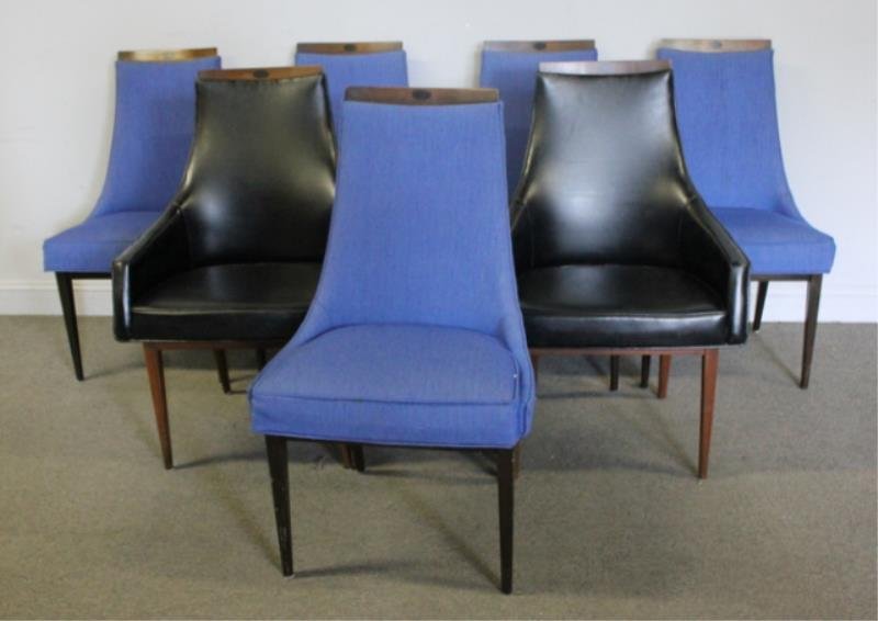 Set of 7 Kipp Stewart for Directional Dining Chair: Midcentury set of 7 chairs including a pair of black upholstered arm chairs and a set of 5 blue cloth upholstered side chairs. Directional label. From a Englewood, NJ estate. Dimensions: Arms - 24" w 