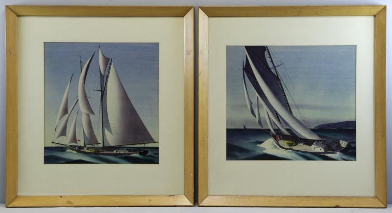 BERNATH, Sandor. 2 Watercolors of Sailboats.: Signed lower left. Sandor Bernath (Hungarian/ American, active in New York, 1892 - 1984). From a New Rochelle, NY home. Dimensions: sight - 18" high x 17" wide & 17" high x 19" wide. Condition: Good,