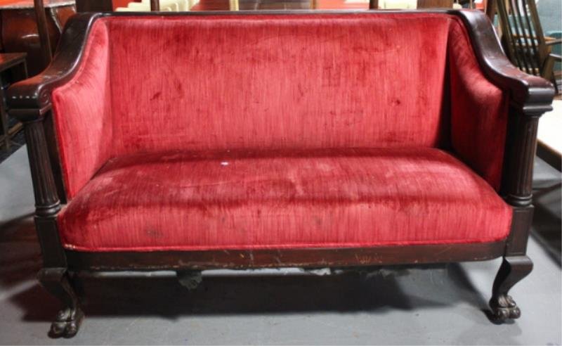 Mahogany Upholstered & Claw Foot Settee.: From a 650 Park Ave NYC estate . Dimensions: 58" w x 28" d x 36" h.