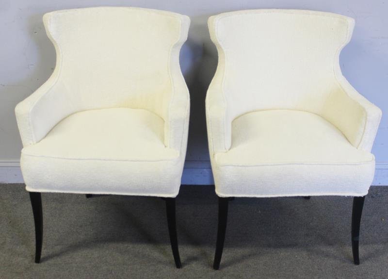 Midcentury Pair of Tommi Parzinger Arm Chairs.: Originally had blue silk upholstery with Parzinger's signature chinese character pattern. Currently unmarked. From a Dutchess County, NY estate. Dimensions: 27" w x 24" d x 36" h. Condition: Good, reu