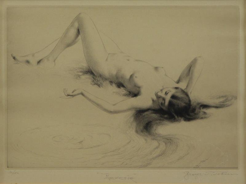 TOBIN, George. Signed Etching "Reverie".: Pencil signed lower right, titled center and numbered 32/50 lower left. George Timothy Tobin (American, 1864–1956). From a Queens, NY estate. Dimensions: Plate - 6.75" high x 10" wide. Condition: A 