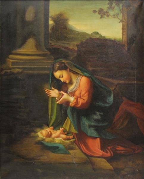 BUTAZZI, Socrate. Oil on Canvas. After Antonio Da: Correggio. "La Vercine Adorna Il Bambino" (Virgin Mary Adorning the Child). Inscribed, titled, signed, and dated MCMXXII (1922). Socrate Buttazi (Italian, late 19th/early 20th C). From a Mt. Kisco, NY