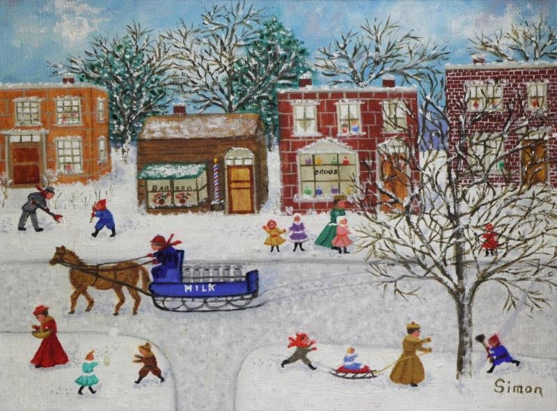 SIMON, Mollie. Oil on Canvas. "The Milk Sled".: Signed lower right and inscribed, titled and dated 1968 verso. Mollie Simon (American, active in NY/NJ, b.1891). From a Long Island, NY estate. Dimensions: 12" high x 16" wide. Condition: Small surfac