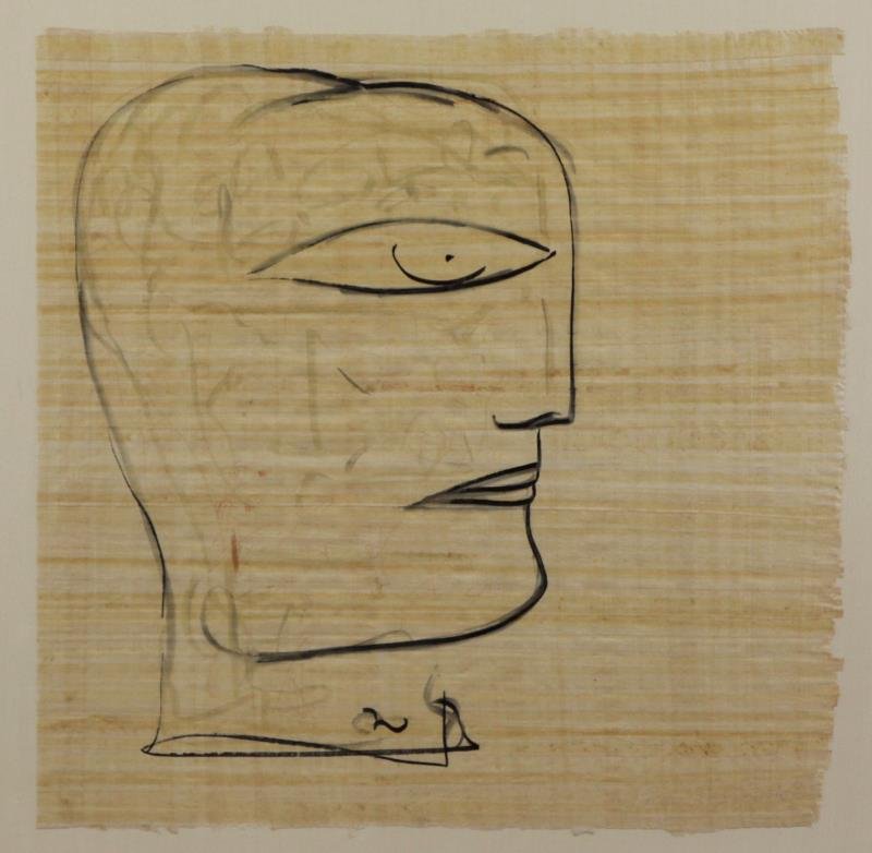 JAMALI. Ink on Papayrus Drawing of a Head.: Accompanied by a letter from Art and Peace Inc. signed by Jamali and by a COA registration form. Jamali (Indian/American, b. 1944). From a Norwalk, CT estate. Dimensions: 23.5" high x 23.75" wide. Con