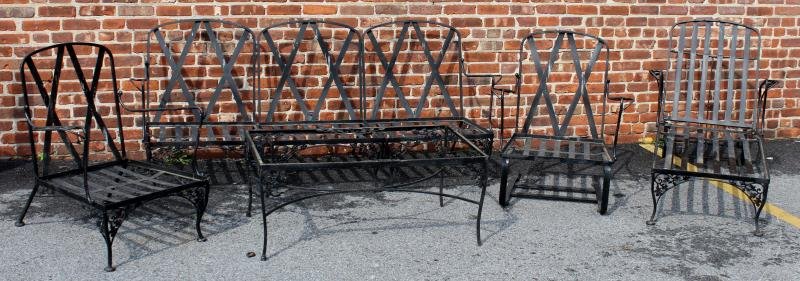 Wrought Iron Set with Loveseat and Chaise.: Dimensions: chairs - 28.5" x 27" d x 34" h, loveseat - 59" w x 28" d x 34"h, chaise - 27" w x 74" l x 34" h.