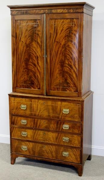 Fine Quality Antique Mahogany Secretary.: Cabinet. Nice size and patina. With string inlay. From a Lexington Ave, NYC estate. Dimensions: 78" h x 21" d x 38" w. Condition: overall good with some losses.