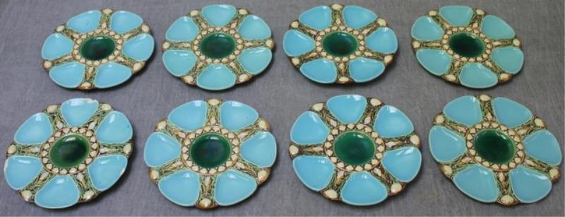 MINTON. Set of 8 Majolica Oyster Plates.: From a Pelham Manor, NY home. Dimensions: 9.25" diameter. Condition: Good, one as is.