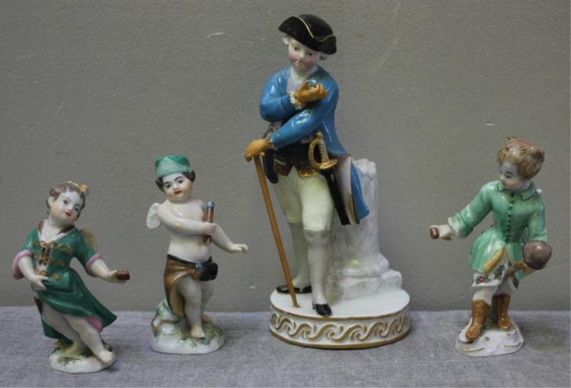 MEISSEN. Lot of 4 Porcelain Figures.: Including 3 small figures- a small winged cherub, lacking one wing and loss to object in left hand (3.25"), winged figure with hatchet (one wing glued, hatchet handle missing end, 3.5"), winged figure