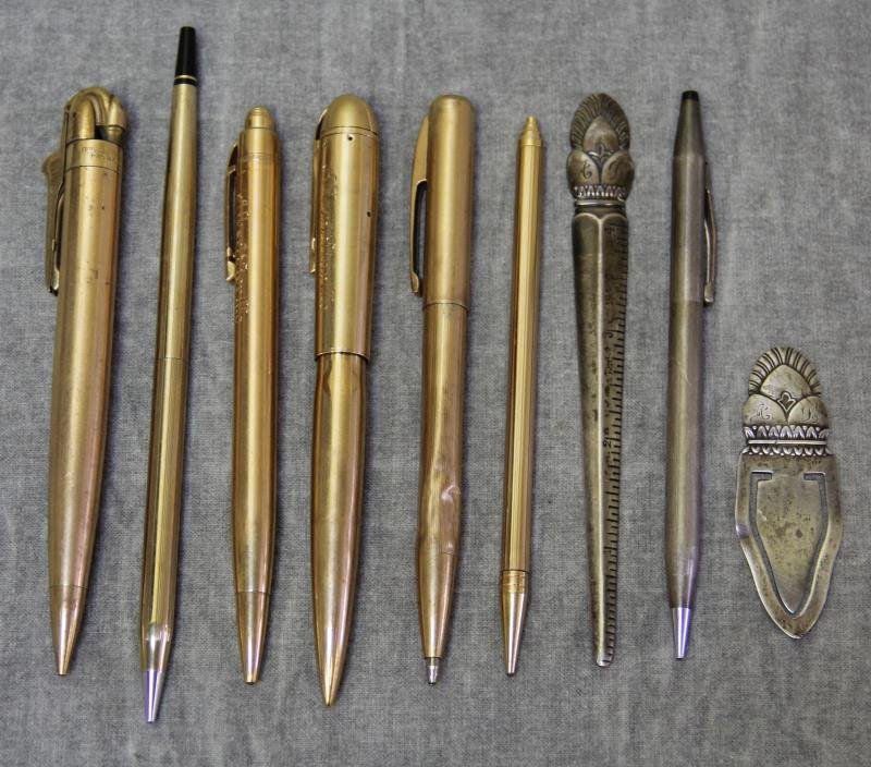 GOLD. Assorted Writing and Desk Accessories.: Includes an Eversharp 14kt gold monogrammed pen; an Eversharp gold filled pen; a monogrammed Eversharp 14kt gold pen; a Cross gold filled pen; 2 Cross sterling pena; a Ronson gold filled pen/lighter; 