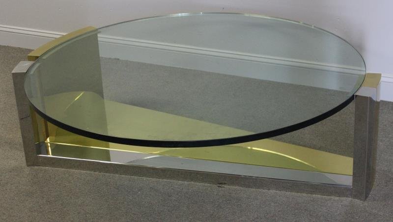 Modern Lorin Marsh Chrome and Brass Coffee Table.: Excellently formed and heavy brass and chrome coffee table with inset round plate glass top. Unmarked. From a Bedford, NY estate. Dimensions: 58" diameter x 17.5" h. Condition: Excellent.