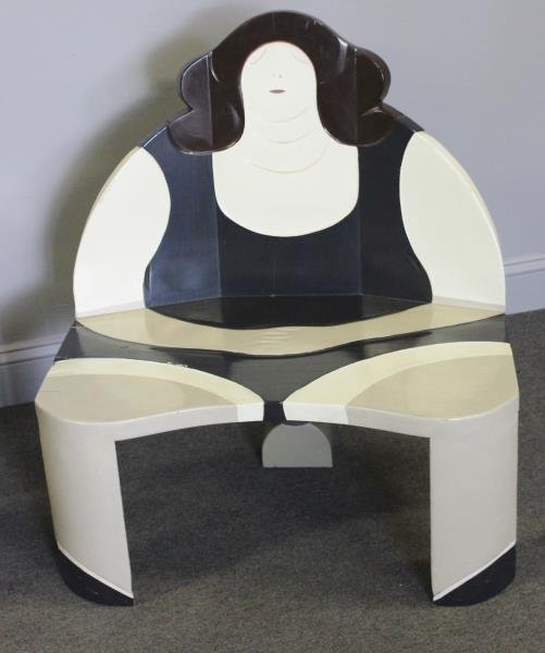 Signed Alan Siegel Painted Lady Chair.: Signed to underside. From a New Rochelle, NY estate. Dimensions: 30" w x 18" d x 33" h Condition: With some paint losses, visible seams, scratches, etc, but overall good.