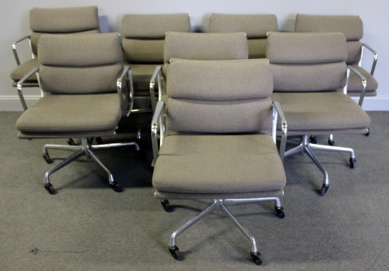 Set of 8 Herman Miller Soft Pad Chairs.: Midcentury design office chairs by Ray & Charles Eames for Herman Miller. Unmarked more contemporary examples. From an Upper East Side, NYC estate. Dimensions: 23" w x 24.5" d x 31.5" h. Condition: Go