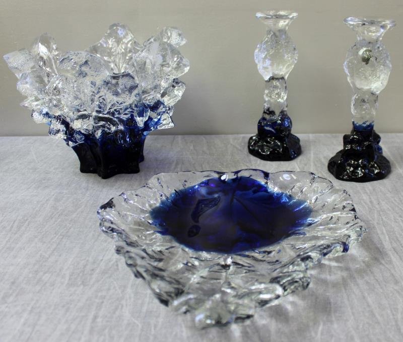 Midcentury Humpila Finland Glass Set.: Includes a pair of blue and clear candlesticks, a labeled blue and white glass bowl / centerpiece, and a blue and white leaf form abstract tray. Very nice color and form on all these matching pieces. 