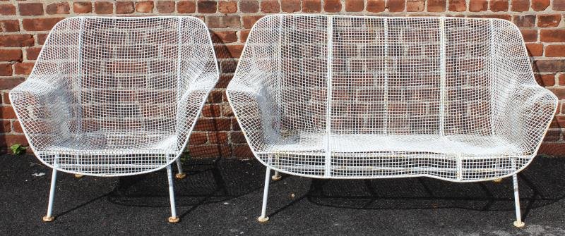 Midcentury Woodard Sculptura Loveseat & Chair.: In white. From a Pelham Manor estate . Dimensions: Sofa - 51" w x 27" h x 27" d; Chair - 33"w x 25" d x 27" h. Condition: With some dents to one arm of sofa, can probably bend back to original shape.