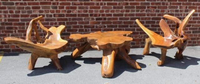 Large Carved Teakwood Root Furniture Lot.: Includes 2 unusual organic and natural carved teak root chairs, and a beautiful teak root coffee table. From a Ossining, NY estate. Dimensions: Table - 48" diameter (approx.) x 18" h; Chair - 47" w x 